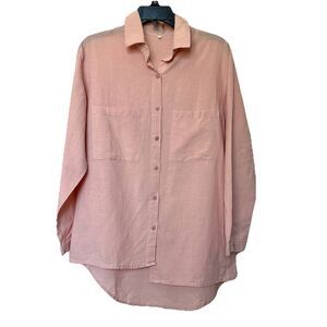 Mordenmiss Top Women’s Lg Long Sleeve Button Up Peach Linen Cotton